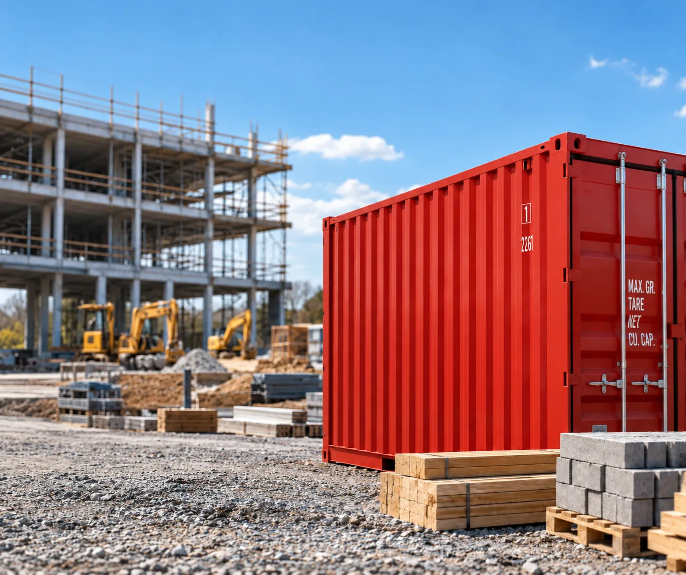 Red shipping container with lumber and block on a commercial construction site