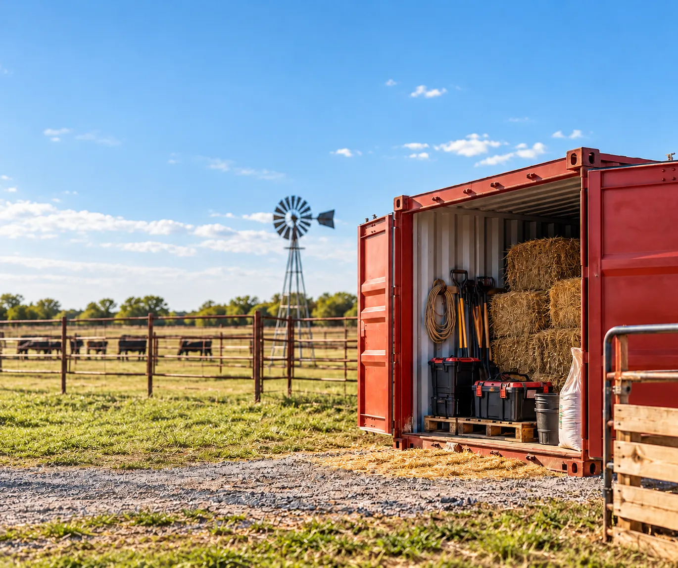 Open shipping container holding hay and ranch tools beside a pasture and windmill