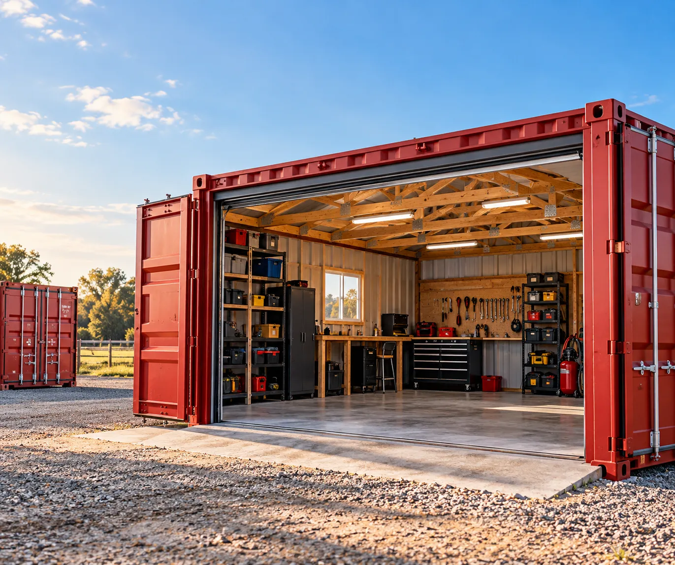 Shipping container converted into a workshop with shelving, workbench, and lights