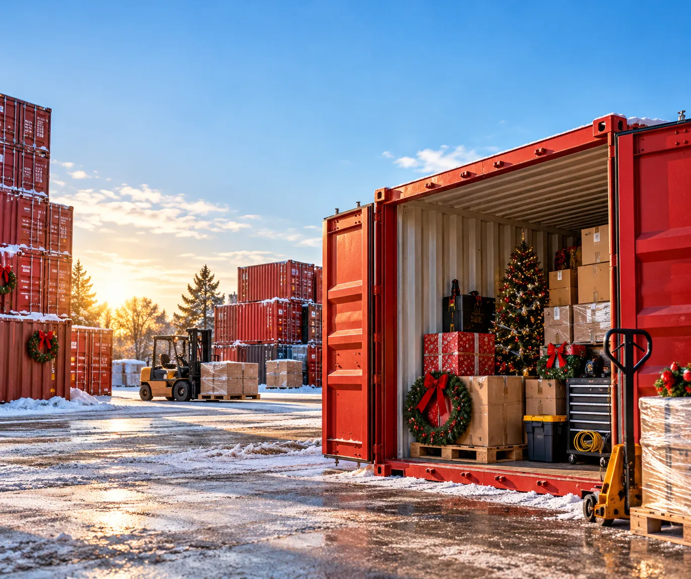 Open shipping container stocked with holiday inventory behind a retail store